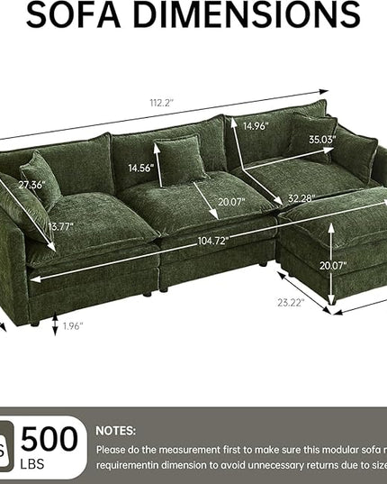 Modular Sectional Sofa, 112.2 Inch L Shaped Couch Set with Armrests, 3-Seater Comfy Cloud Couches with Movable Ottoman for Living Room Apartment, Green Sofa