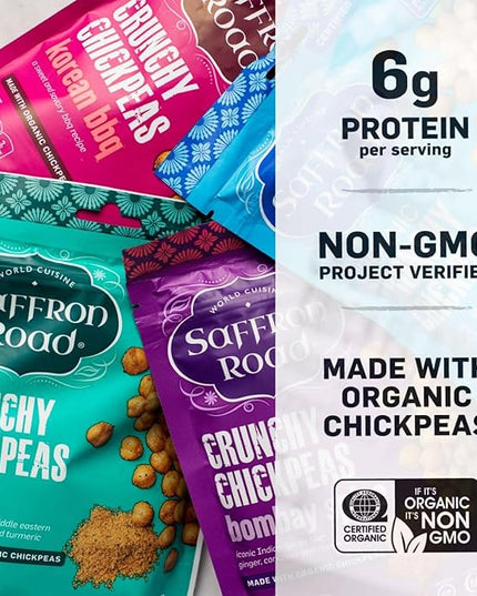Saffron Road Crunchy Chickpeas Variety Pack with Bombay Spice, Korean BBQ, Falafel, Sea Salt & Cracked Pepper | High-Protein, Vegetarian, Non-GMO, Halal & Kosher Certified Snack | Pack of 6