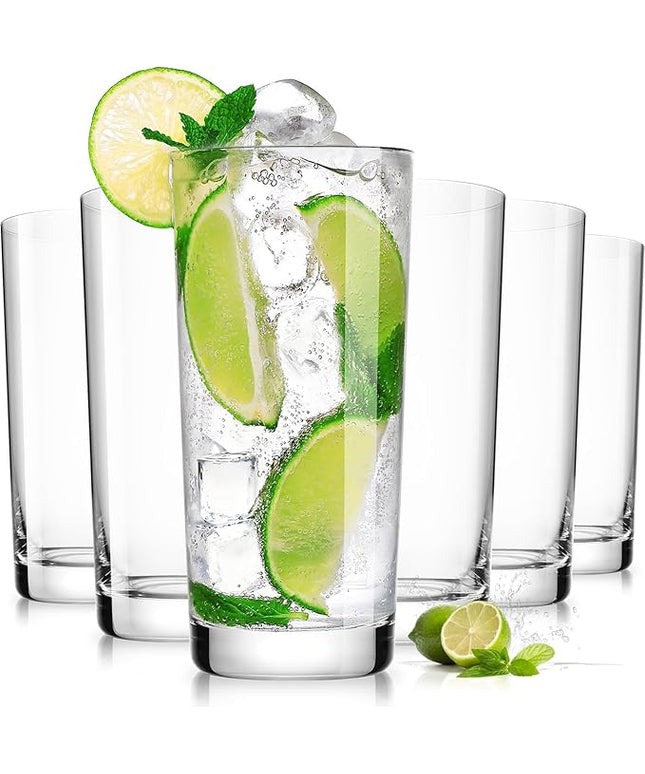 Drinking Water Glasses Set of 6, 16oz Highball Glasses, Lead-Free Crystal Glassware with Unique Wide Mouth, Thoughtful Gifts for House Warming, Birthdays, Everyday Life
