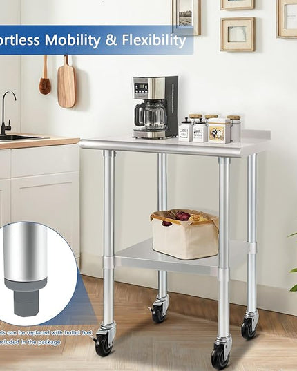 HARDURA Stainless Steel Table 24 x 30 Inches with Wheels Casters NSF Heavy Duty Commercial Prep Table with 2” Backsplash and Adjustable Undershelf for Restaurant Kitchen Home and Hotel