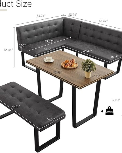 3-Piece Corner Dining Table Set with Bench, 70 Inch Space-Saving Breakfast Nook for Kitchen & Dining Room(Walnut Table & R-Seat Grey Bench)