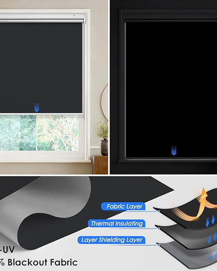 Motorized Roller Blinds with Remote Control & Solar Panel - 100% Blackout Smart Blinds, Automatic, Cordless, Electric Shades - Compatible with Alexa - Black, 34" W x 72" H