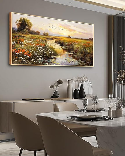 PHAOHUAXM Canvas Wall Art For Living Room Wall Decor For Bedroom Watercolour Painting Office Decoration Countryside Sunrise Scenery Wall Picture Printing Artwork Home Decor Wood Framed 24x48 In