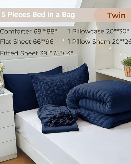 MUXHOMO 5 Pieces Twin Comforter Set, Seersucker Bed in a Bag Twin Size, All Season Luxury Bedding Set with Comforter, Flat Sheet, Fitted Sheet, Pillowcase & Sham, Navy Blue