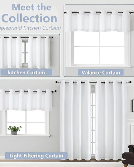 Simplebrand Pure White Kitchen Valances for Windows 18 Inches Long 2 pack, Light Filtering Window Valances for Living Room, Grommet Short Straight Drape Kitchen Curtains for Bedroom Kids Room, 40Wx18L