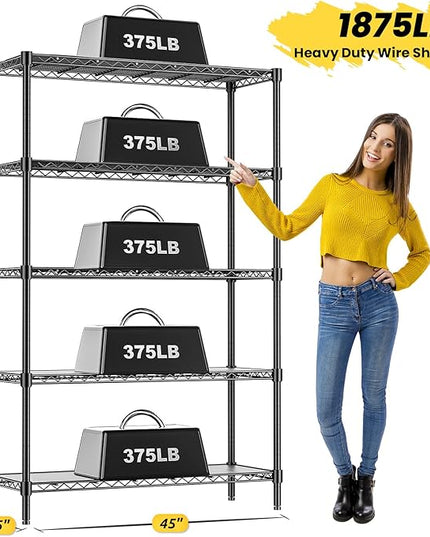 45" W Storage Shelves 5 Tier Wire Shelving with Shelf Liners, Adjustable Metal Garage Shelving, 1875LBS Heavy Duty Commercial Storage Rack for Pantry Kitchen, 45" W x 16" D x 72" H, Black