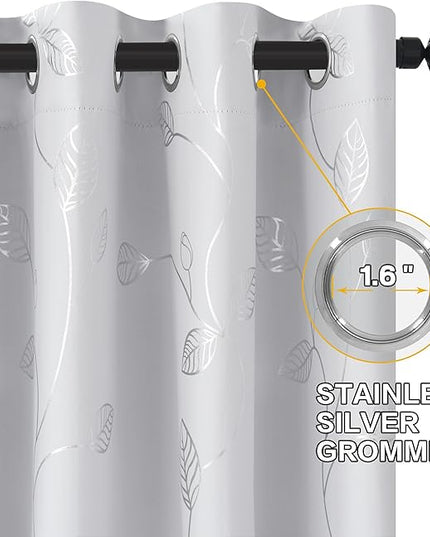 BUHUA White Black Out Curtains 108 Inch Long 2 Panels, Soundproof Curtains with Elegant Silver Leaf Print, Heat Blocking Curtains for Livingroom, 52W x 108L, Greyish White