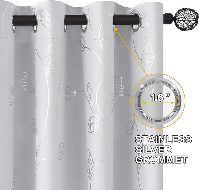 BUHUA White Black Out Curtains 108 Inch Long 2 Panels, Soundproof Curtains with Elegant Silver Leaf Print, Heat Blocking Curtains for Livingroom, 52W x 108L, Greyish White