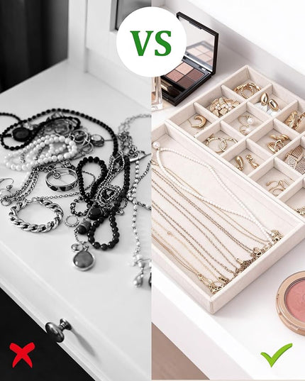 Stackable Jewelry Organizer Trays with Removable Dividers, 2-Tray Beige Jewelry Drawer Organizer Set for Earrings, Necklaces, Rings & Bracelets Gift for Her