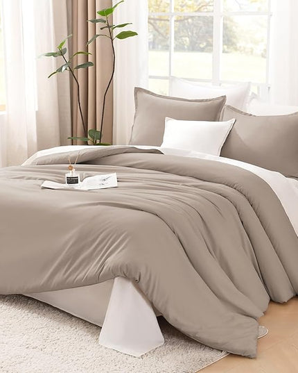 Litanika Light Coffee Comforters Oversized Queen Size, 3 Pieces Lightweight Solid Bedding Comforter Set, All Season Fluffy Bed Set (98x98In Comforter & 2 Pillowcases)