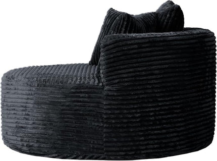 JACH Oversized Round Lazy Sofa Chair with Three Pillows, 50" Corduroy Deep Seat Single Sleeper Sofas, Upholstered Chaise, Cloud Couch for Living Room, Apartment, Black