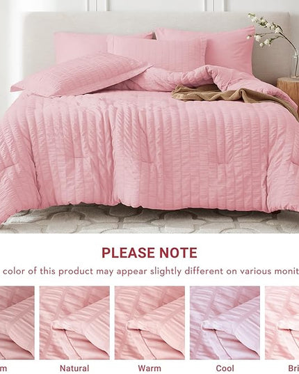 MUXHOMO 7 Pieces King Comforter Set, Seersucker Bed in a Bag King Size, All Season Luxury Bedding Set with Comforter, Flat Sheet, Fitted Sheet, Pillowcases & Shams, Pink