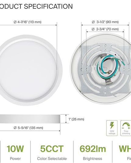 ASD LED 5" Round Flush Mount Ceiling Light Fixture, Low Profile Surface Lighting | 5CCT, Dimmable, Ultra-Thin, ETL Listed | 10W 700LM 2700-6000K 120V | Kitchen, Bedroom, Hallway Lamp | White