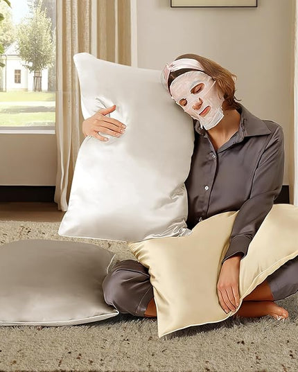 BHZ Grey Satin Goose Down Feather Pillows King Size Set of 2 with Satin Pillowcase for Hair and Skin, Cooling Pillow Cases Similar to Silk Pillow Cases, Decorative for Women, Mom Men