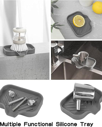 Silicone Bathroom Soap Dishes with Drain Spout-Bathroom and Kitchen Sink Organizer,Sponge Holder,Dish Soap Tray,Perfect for Dispenser,Scrubber,Bottle,Cup on Sink or Counter-Grey 4.9"×3.2"