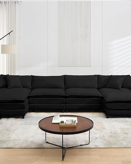 Modular Sectional Sofa,143.31'' Modern Sofa Sleeper Couch,Comfy Cloud Couches with 4 Seat & 2 Ottoman & 4 Pillows Sofa Set,Deep Seat Sofa with Movable Ottoman for Living Room,Chenille (Black,U shaped)