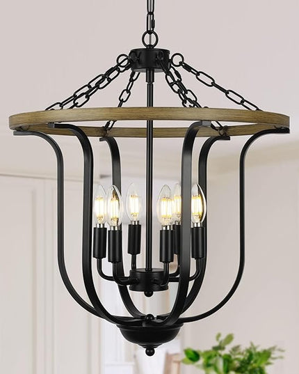 Black Farmhouse Chandelier Light Fixture, 6-Light Rustic Lantern Pendant Light,Vintage Cage Chandelier for Entryway Foyer Dining Room Kitchen Island Hallway.