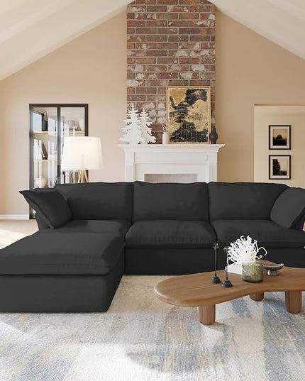 JACH L Shaped Sectional Couches for Living Room, Black Sectional Couch with Chaise Ottoman, Deep 3-Seats Modular Sofa, Cushion Covers Removable, Two Corners and A Middle Sofa for Living Room