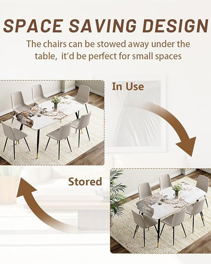 7 Piece Modern Dining Set, 62'' Sintered Stone Dinner Table for 6, Easy to Assemble