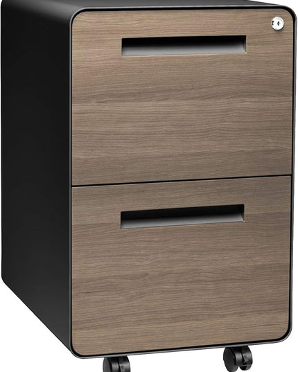 Laura Davidson Furniture Stockpile 2 Drawer Mobile File Cabinet with Lock - Under Desk Metal Filing Cabinet, Legal/Letter File Folders, Wheels and Stationary Feet, Pre-Assembled, Black/Wood