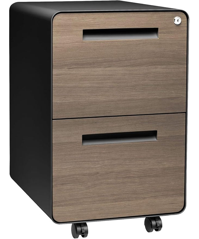 Laura Davidson Furniture Stockpile 2 Drawer Mobile File Cabinet with Lock - Under Desk Metal Filing Cabinet, Legal/Letter File Folders, Wheels and Stationary Feet, Pre-Assembled, Black/Wood