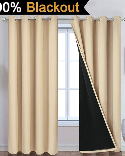 Yakamok 100% Blackout Curtains with Black Lined Thermal Insulated Light Blocking Curtains Heat Blocking Drapes for Bedroom(52Wx96L, Beige, 2 Panels)
