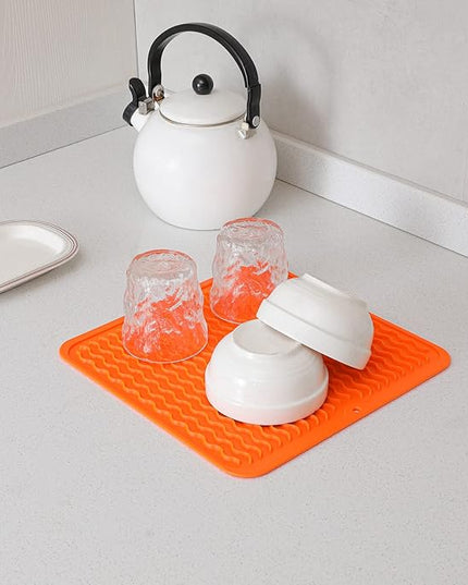 Silicone Dish Drying Mat for Multiple Usage,Easy clean,Eco-friendly,Heat-resistant Silicone Mat for Kitchen Counter or Sink,Refrigerator or Drawer liner Orange M 12 inches x 12 inches