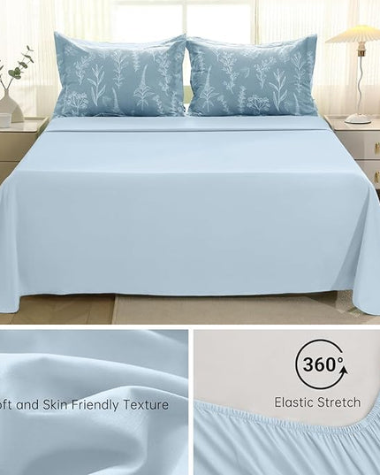 MUXHOMO Blue Full Comforter Set, Elegant Floral Print Bed in a Bag 7 Pieces, Ultra Soft & Breathable Reversible Botanical Pattern Bedding Set with Comforter, Sheets, Pillowcases, and Shams