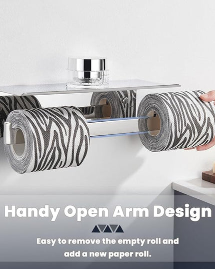 Suyar Double Toilet Paper Holder, SUS 304 Stainless Steel Bathroom Toilet Paper Roll Holder with Shelf, Polished Chrome