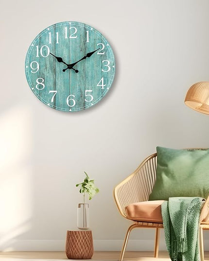 HYLANDA Wall Clock, 10 Inch Teal Silent Non-Ticking Kitchen Decor, Rustic Vintage Country Retro Decorative Clocks Battery Operated for Bathroom Bedroom Living Room Office(Aqua)