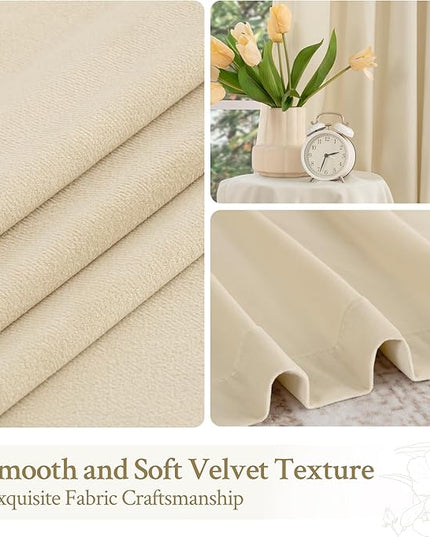 LAMIT Beige Velvet Curtains 90 Inches for Living Room, Elegant Thermal Insulated Panels Noise Reducing Back Tab and Rod Pocket Drapes for Bedroom/Farmhouse, 2 Panels, 52 x 90 Inch