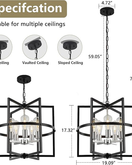 19'' Modern Farmhouse Chandelier 5-Light Black Brushed Nickel Chandelier with Industrical Metal Cage, Adjustable Geometric Pendant Light Fixture for Dining Room Kitchen Living Room Entryway