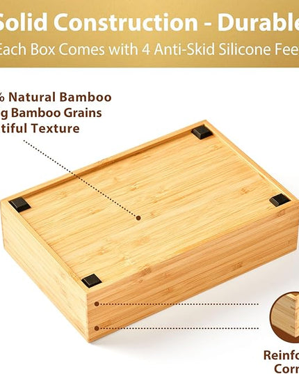 Umilife Bamboo Kitchen Drawer Organizer, Extra High Silverware Tray, Flatware Cutlery Storage Box, Multi-Use Holder in Office, Bathroom, Pantry - 9"x6"x2.5" (Set of 2)