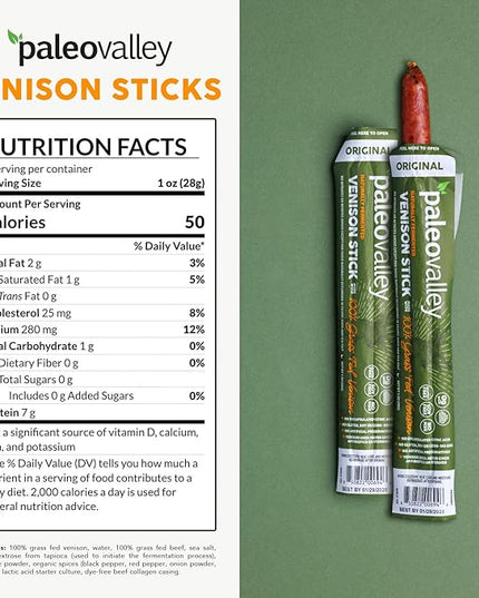 Paleovalley 100% Grass Fed Venison Sticks – 10 Pack – Keto-Friendly, High Protein, Low-Calorie Snack – Omega-3 Rich, Gluten-Free, Nitrate-Free, Naturally Flavored – Healthy On-the-Go Meat Snack