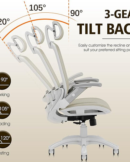 GABRYLLY Ergonomic Office Chair, High Back Home Desk Chair with Headrest, Flip-Up Arms, 90-120° Tilt Lock and Wide Cushion, 400LBS Mesh Chairs for Man Woman, White Task Chair(Beige,GY01WBG)
