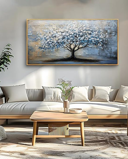 ERQINHUA Wood Framed Abstract Wall Art Office Large Wall Decor Art For Living Room Wall Pictures Blue Grey TreePainting Framed Canvas Artwork Bedroom Dining room Home Decoration Aesthetics 24"X48"