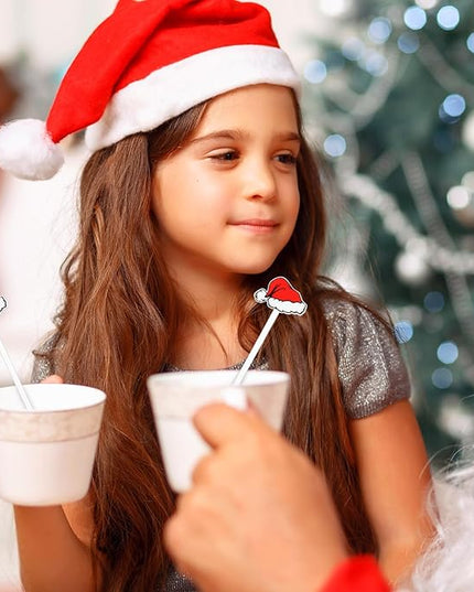 30 Pcs Christmas Drink Stirrers Xmas Stir Stick Holiday Coffee Swizzle Stick Reusable Plastic Hot Cocoa Bar Chocolate Decoration Cocktail Mixer(Santa Hat,Classic Color)