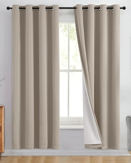 Yakamok 100% Blackout Curtain Panels 72 inches Cold and Light Blocking Drapes for Nursery, 2 Thick Layers Thermal Insulated Draperies (2 Pieces, 50 Wide Each Panel, Natural Front with White Backing)