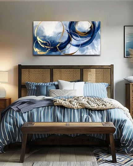 Abstract Wall Art Nave Blue Modern Canvas Pictures Art Print Gold Contemporary Artwork Painting Decor for Living Room Bedroom Home Office Decorations 24x48inches