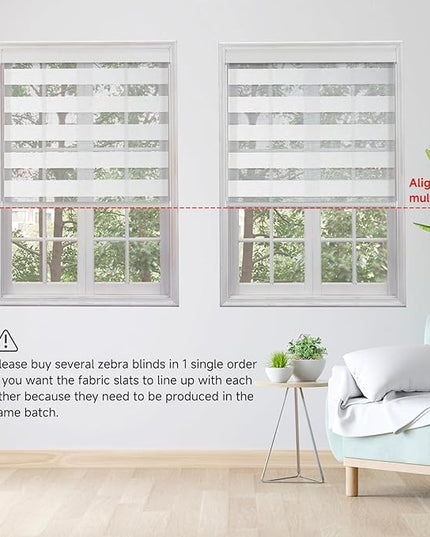 Cordless Motorized Zebra Blinds for Windows with Remote, Custom Dual Layer Smart Semi Sheer Zebra Shades Work with Alexa Google, Automatic Electric Light Filtering Zebra Roller Shades, White