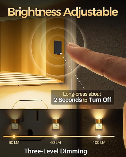 DORESshop LED Night Light[2 Pack], Golden Night Lights Plug into Wall, 3 Level Brightness Adjustable Plug in Night Light, Dusk to Dawn Sensor, Nightlights for Adults, Bedroom, Bathroom, Hallway, 3000K