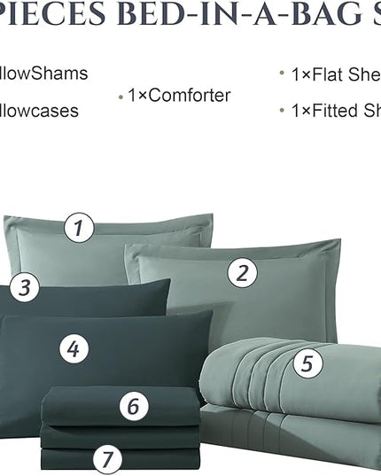 Monbix California King Size Comforter Set - 7 Pieces Bed in a Bag California King, Sage Green Bedding Sets, All Seasons Down Alternative Comforter Bed Set with Sheets, Pillowcases & Shams