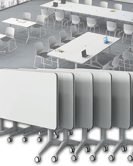 Conference Table, Folding Conference Room Tables on Wheels, Modern Meeting Seminar Table Computer Desk, Boardroom Desk for Office Meeting Conference Room,White,6 Pack 70.8inch