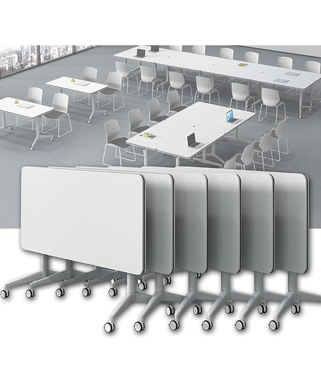 Conference Table, Folding Conference Room Tables on Wheels, Modern Meeting Seminar Table Computer Desk, Boardroom Desk for Office Meeting Conference Room,White,6 Pack 55.1inch