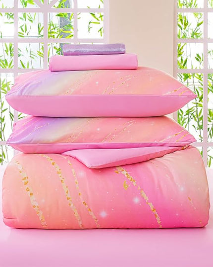 Rainbow Bedding Set Queen Size – 6-Piece Reversible Girls Comforter with Deep-Pocket Sheet, Gradient Galaxy Design, Whole-Piece Filling, Machine Washable Bed-in-a-Bag for Kids Room Makeover & Gifts