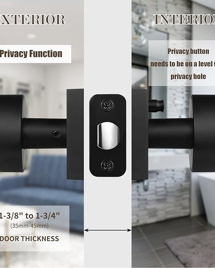 Black Privacy Door Knob, Black Door Knobs Interior with Lock, Matte Black Interior Round Door Knob for Bathroom Bedroom