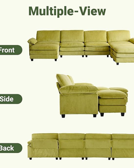 VINGLI 156" Cloud Corduroy Sectional Sofa, Comfy L-Shaped Extra Deep Seat Sofa Couch for Living Room,Modern 4-Seat Convertible Loveseat Sofa with Three Ottomans for Small Space(Olive Green)