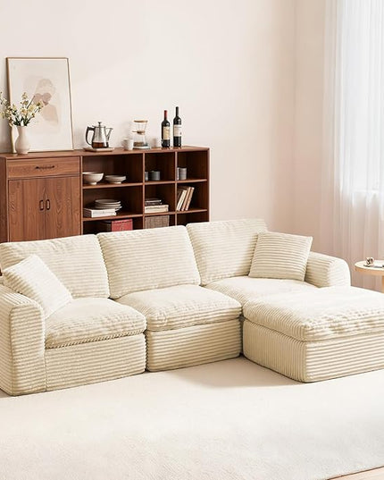 108” Modular Sectional Sofa Couches L Shaped Couch 3 Seater Cloud Sofa Memory Foam Sectional Couches for Living Room, Boneless Couch with Ottoman, Corduroy, Beige