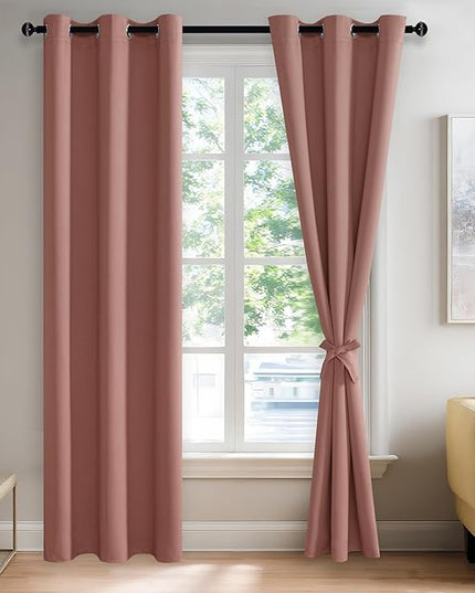 JIUZHEN Dried Rose Blackout Curtains with Tiebacks Thermal Insulated, Light Blocking and Noise Reducing Grommet Curtains for and Living Room, Set of 2 Window Curtain Panels, 42 x 84 Inch Length