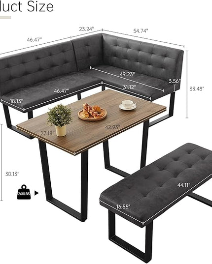 3-Piece Corner Dining Table Set with Bench, 70 Inch Space-Saving Breakfast Nook for Kitchen & Dining Room(Walnut Table & L-Seat Grey Bench)